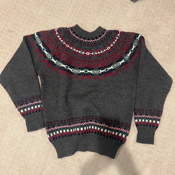 Allen Solly 100% Wool Sweater Fair Isle Gray Red Warm Winter Sz Large Cozy Cabin - Picture 2 of 5